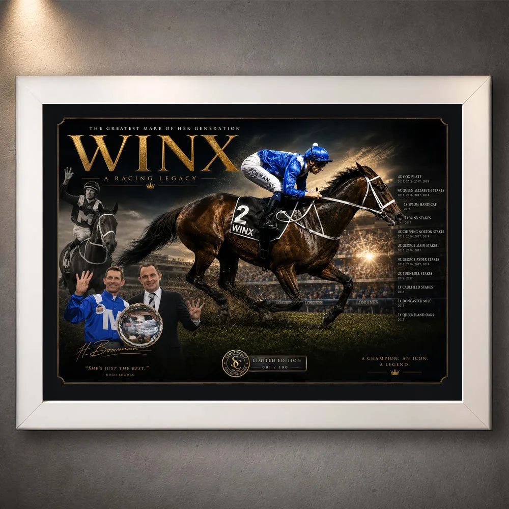 White framed Winx horse racing wall art featuring the champion mare and jockey in a dark gold collector design.