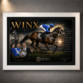 White framed Winx horse racing wall art featuring the champion mare and jockey in a dark gold collector design.