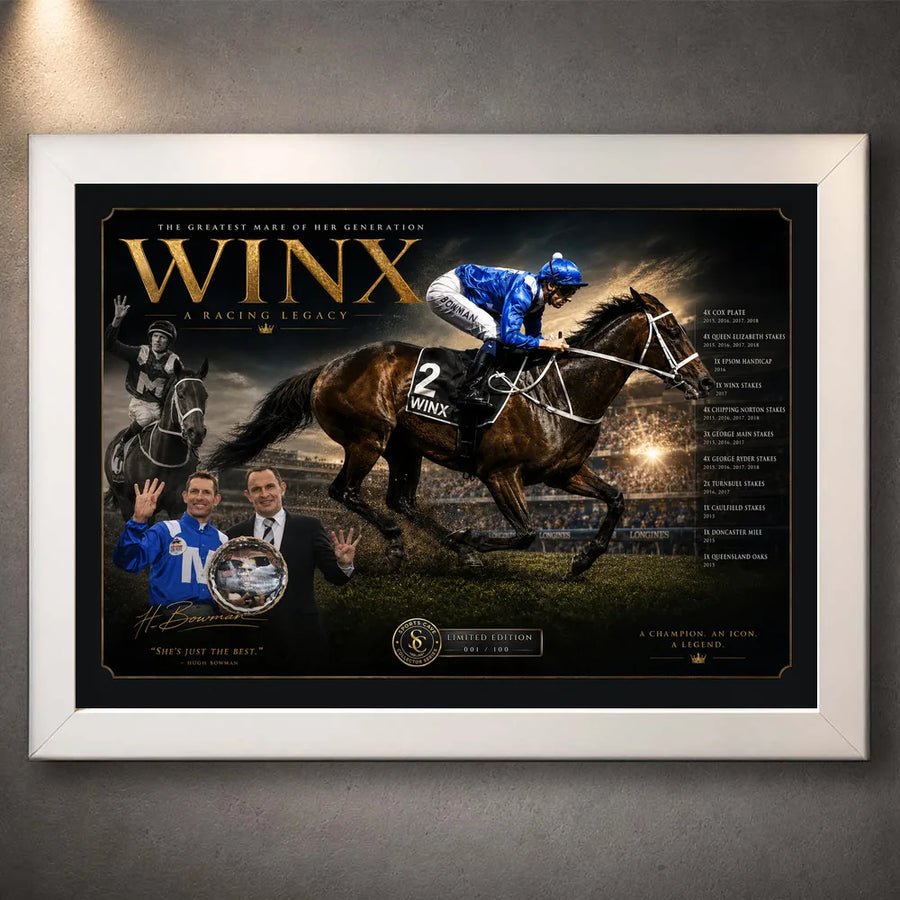 White framed Winx horse racing wall art featuring the champion mare and jockey in a dark gold collector design.