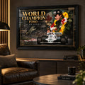 Alan Jones World Champion 1980 wall art displayed in a dark motorsport man cave with a black frame.