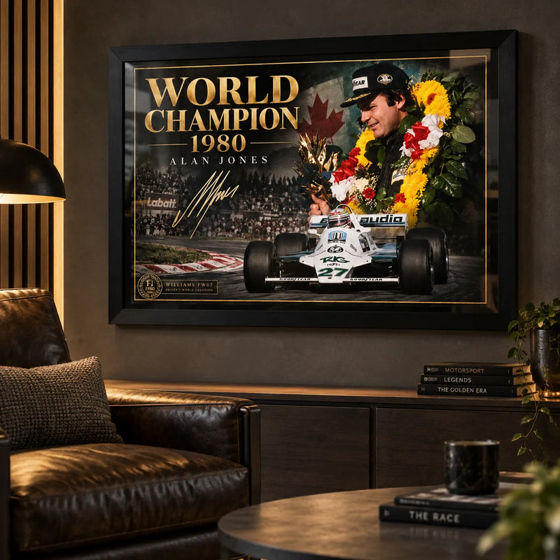 Alan Jones World Champion 1980 wall art displayed in a dark motorsport man cave with a black frame.