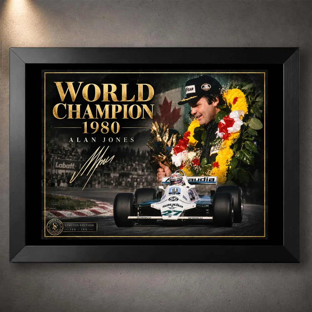Black framed Alan Jones Formula One wall art featuring the World Champion 1980 collector design.