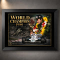 Black framed Alan Jones Formula One wall art featuring the World Champion 1980 collector design.