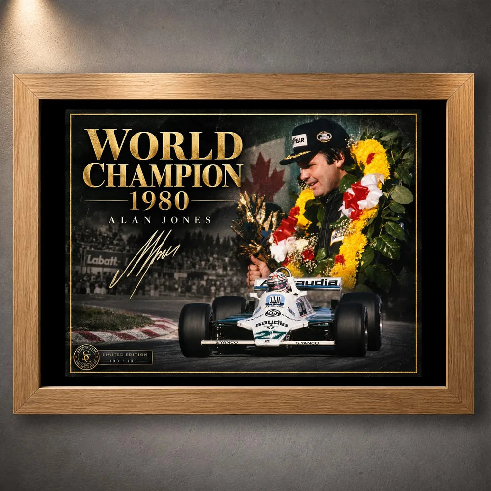 Oak framed Alan Jones World Champion 1980 wall art for Formula One and motorsport collectors.