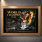 Oak framed Alan Jones World Champion 1980 wall art for Formula One and motorsport collectors.