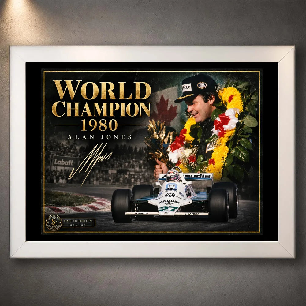 White framed Alan Jones World Champion 1980 wall art for Formula One and motorsport collectors.
