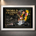 White framed Alan Jones World Champion 1980 wall art for Formula One and motorsport collectors.