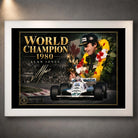 White framed Alan Jones World Champion 1980 wall art for Formula One and motorsport collectors.
