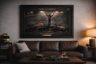 Max Verstappen World Champion framed print styled in a modern man cave, bold man cave wall décor.