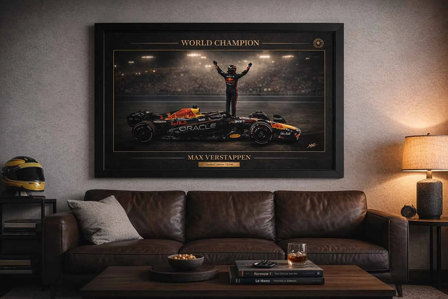 Max Verstappen World Champion framed print styled in a modern man cave, bold man cave wall décor.