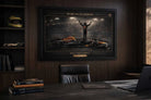 Max Verstappen World Champion framed artwork displayed in executive office, premium sports collectibles.