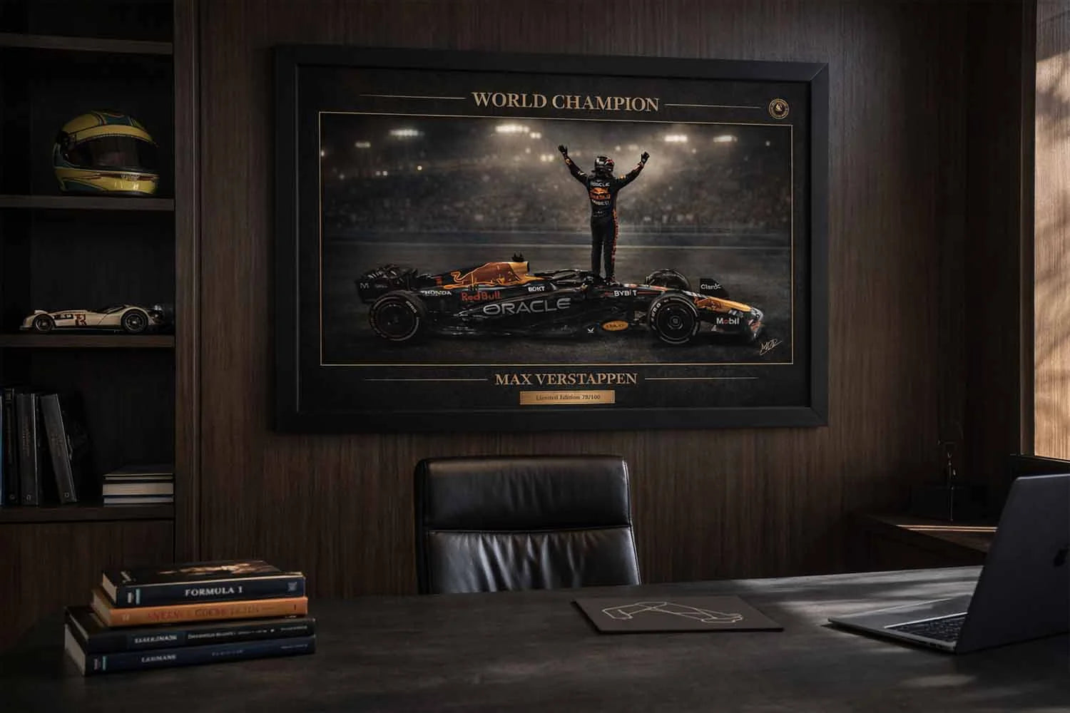 Max Verstappen World Champion framed artwork displayed in executive office, premium sports collectibles.