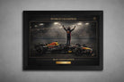 Max Verstappen World Champion artwork in sleek black frame, premium motorsports sports wall art display.