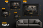Size guide showing Max Verstappen World Champion framed sports wall art in multiple display sizes.