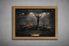Max Verstappen World Champion print in natural oak frame, premium framed sports art for collectors.