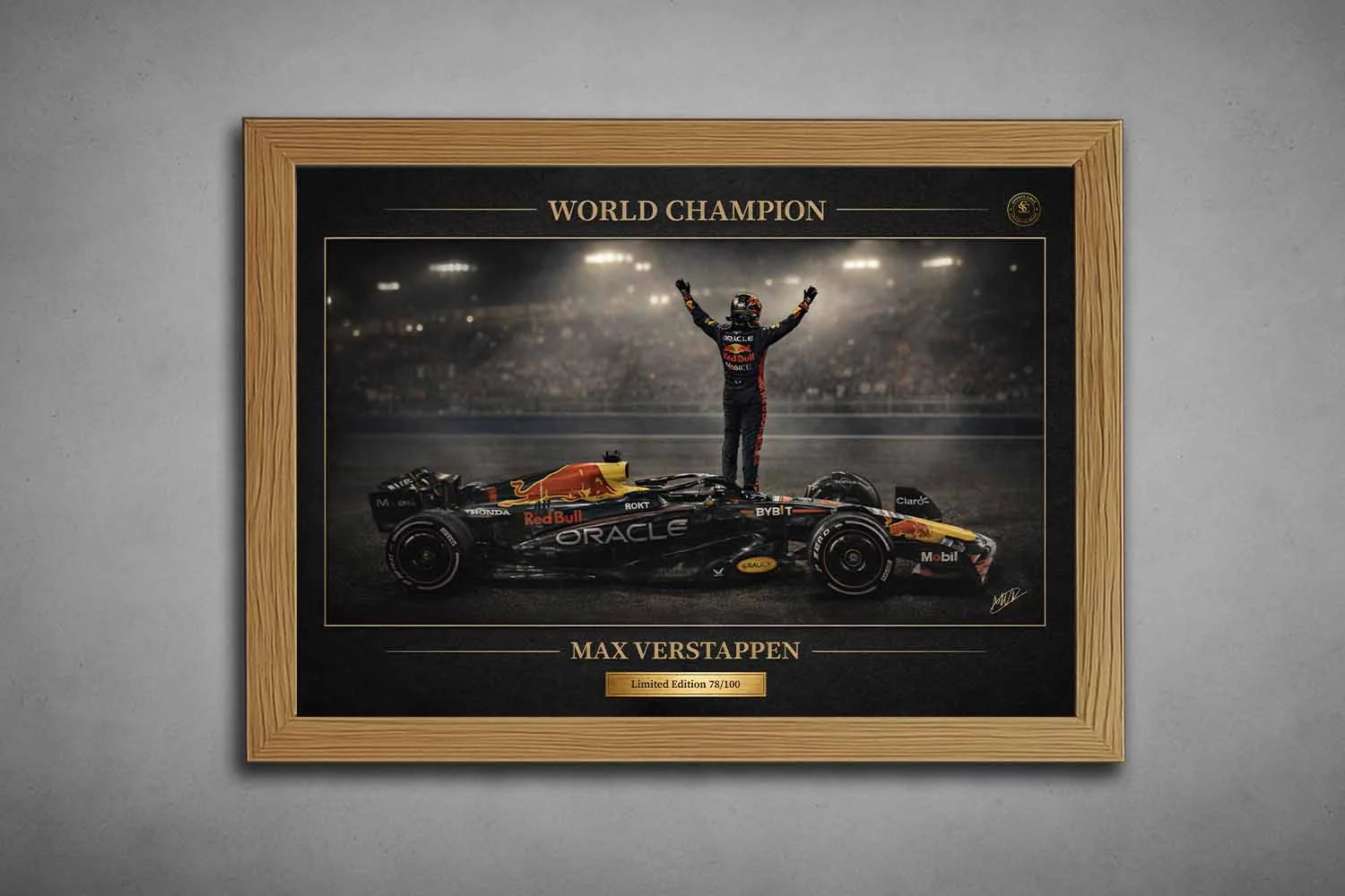 Max Verstappen World Champion print in natural oak frame, premium framed sports art for collectors.