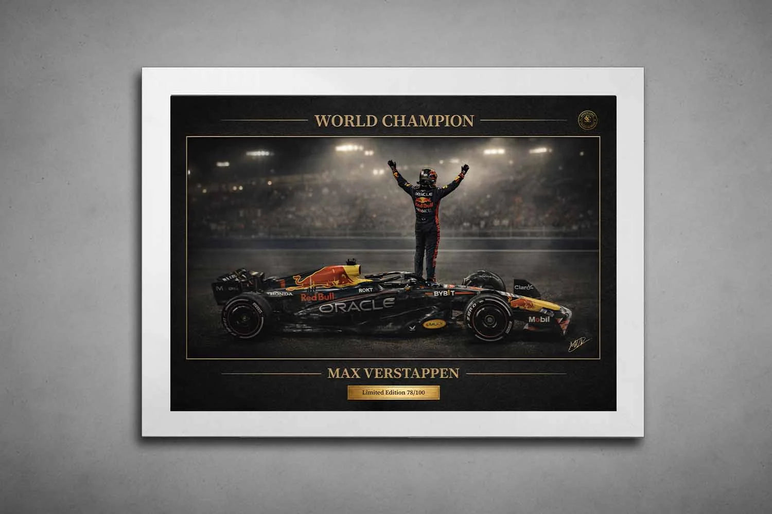 Max Verstappen World Champion artwork in white frame, elegant framed sports memorabilia for motorsport fans.