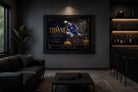 Zinedine Zidane framed sports memorabilia displayed in a modern man cave with dramatic ambient lighting.