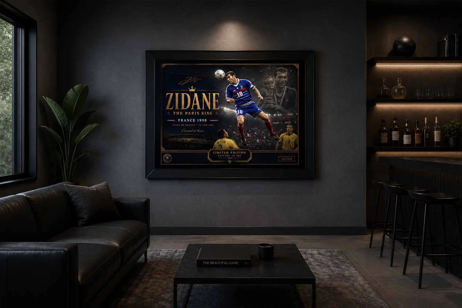 Zinedine Zidane framed sports memorabilia displayed in a modern man cave with dramatic ambient lighting.