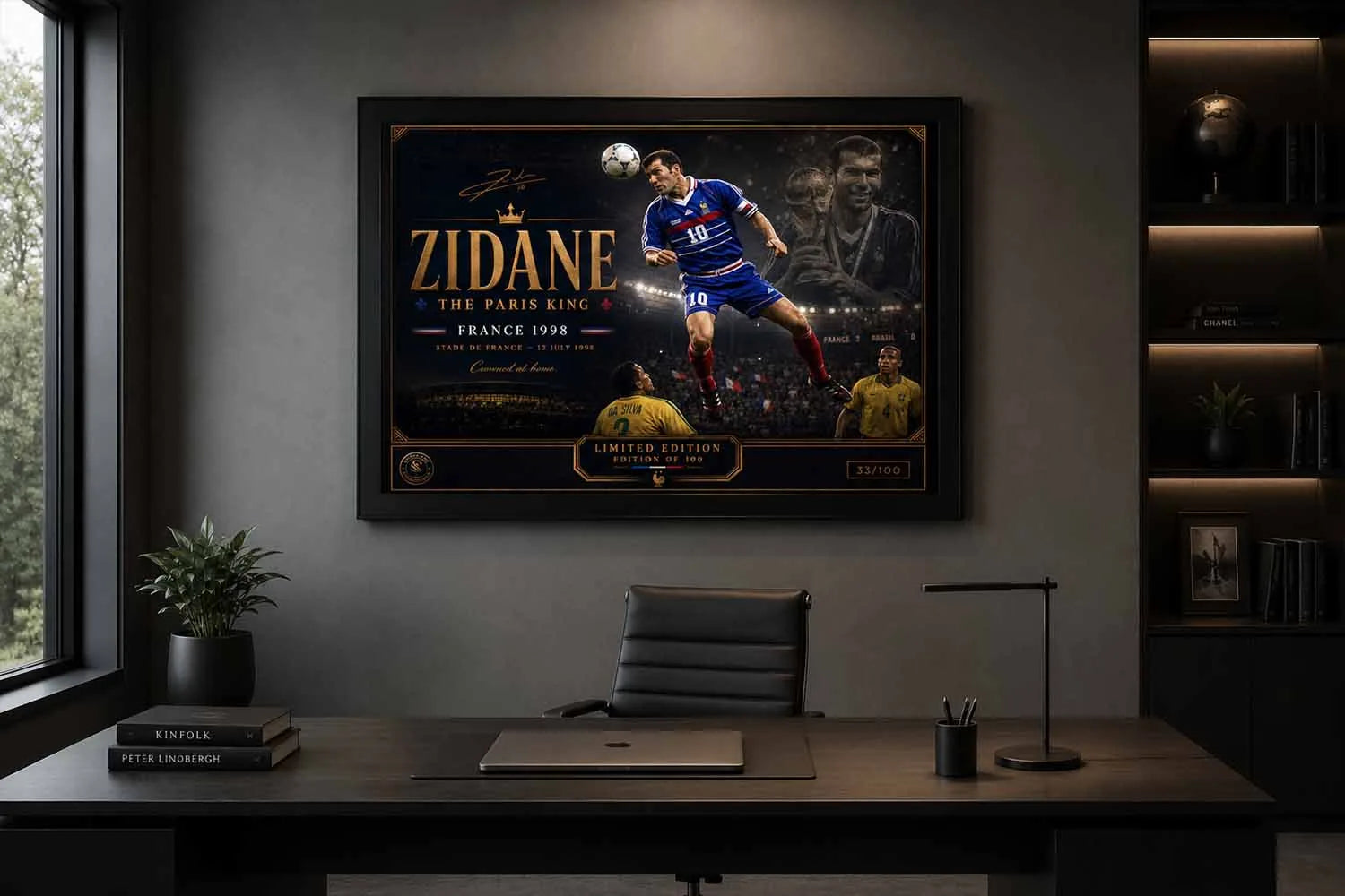 Zinedine Zidane soccer wall art showcased in a minimalist office setup with premium sports collectibles styling.