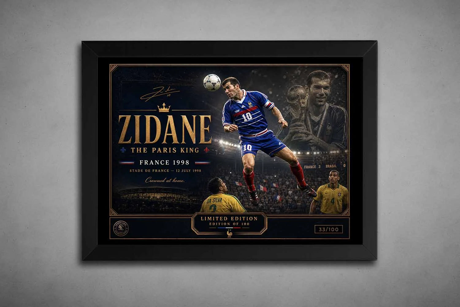 Black-framed Zinedine Zidane limited edition soccer artwork celebrating France 1998 victory and framed sports art.