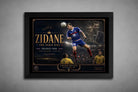 Black-framed Zinedine Zidane limited edition soccer artwork celebrating France 1998 victory and framed sports art.