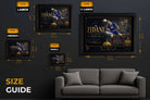 Size guide for Zinedine Zidane framed sports wall art showing small, medium, large and XL dimensions.