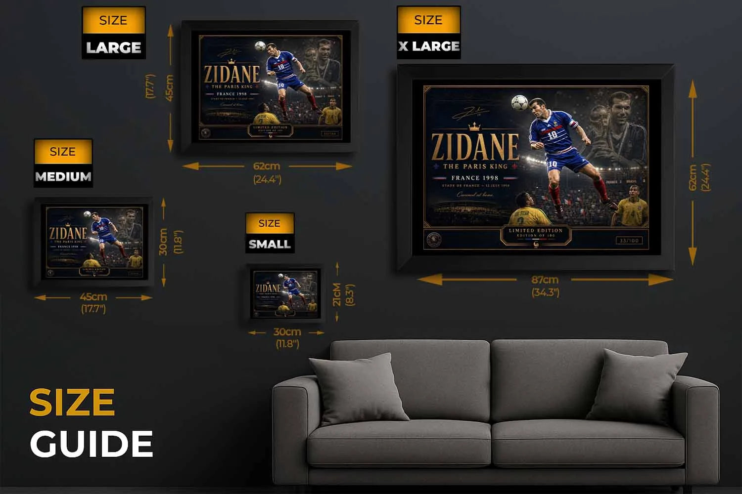 Size guide for Zinedine Zidane framed sports wall art showing small, medium, large and XL dimensions.