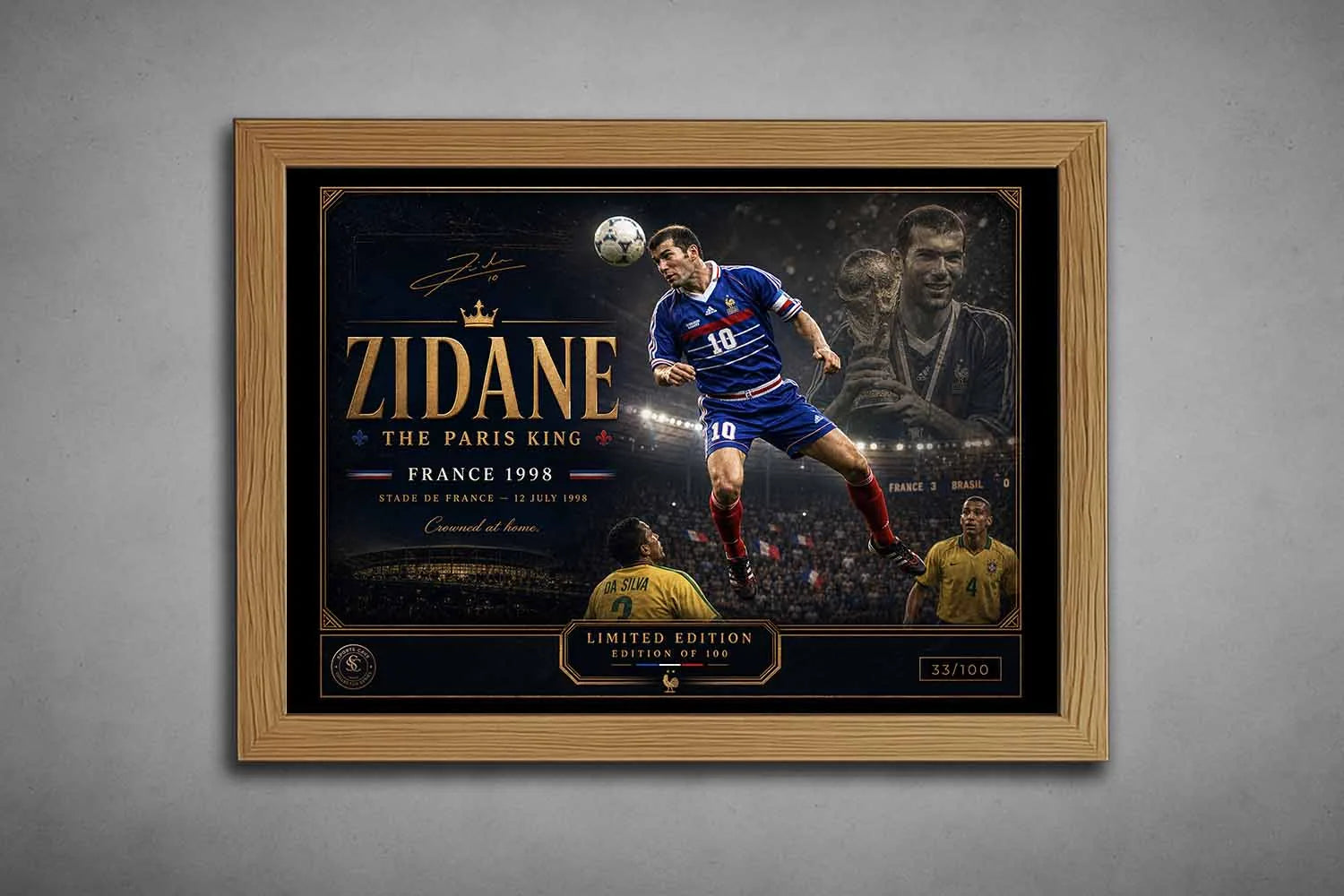 Oak-framed Zinedine Zidane France 1998 limited edition print designed as premium man cave wall décor.