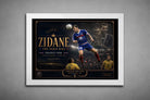 White-framed Zinedine Zidane France 1998 tribute print featuring iconic World Cup moments and premium sports wall art.