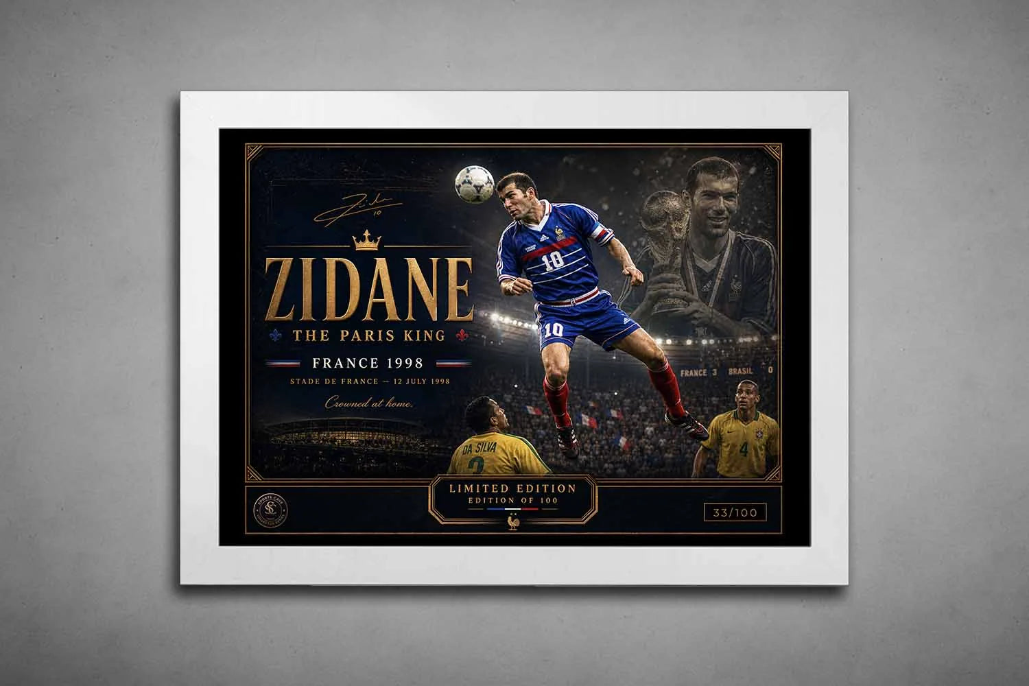 White-framed Zinedine Zidane France 1998 tribute print featuring iconic World Cup moments and premium sports wall art.