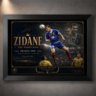 Black-framed Zinedine Zidane soccer wall art celebrating France 1998 in a premium collector-style design.
