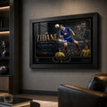 Zinedine Zidane framed sports memorabilia shown in a dark man cave setting with premium wall lighting.