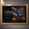 Oak-framed Zinedine Zidane soccer wall art featuring the France 1998 collector design on a grey wall.