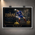 Unframed Zinedine Zidane soccer artwork shown clipped on a grey wall as a limited edition sports print.