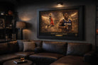 Zion Williamson sports wall art showcased above a leather sofa in a dark collector-style living room, perfect man cave wall décor.
