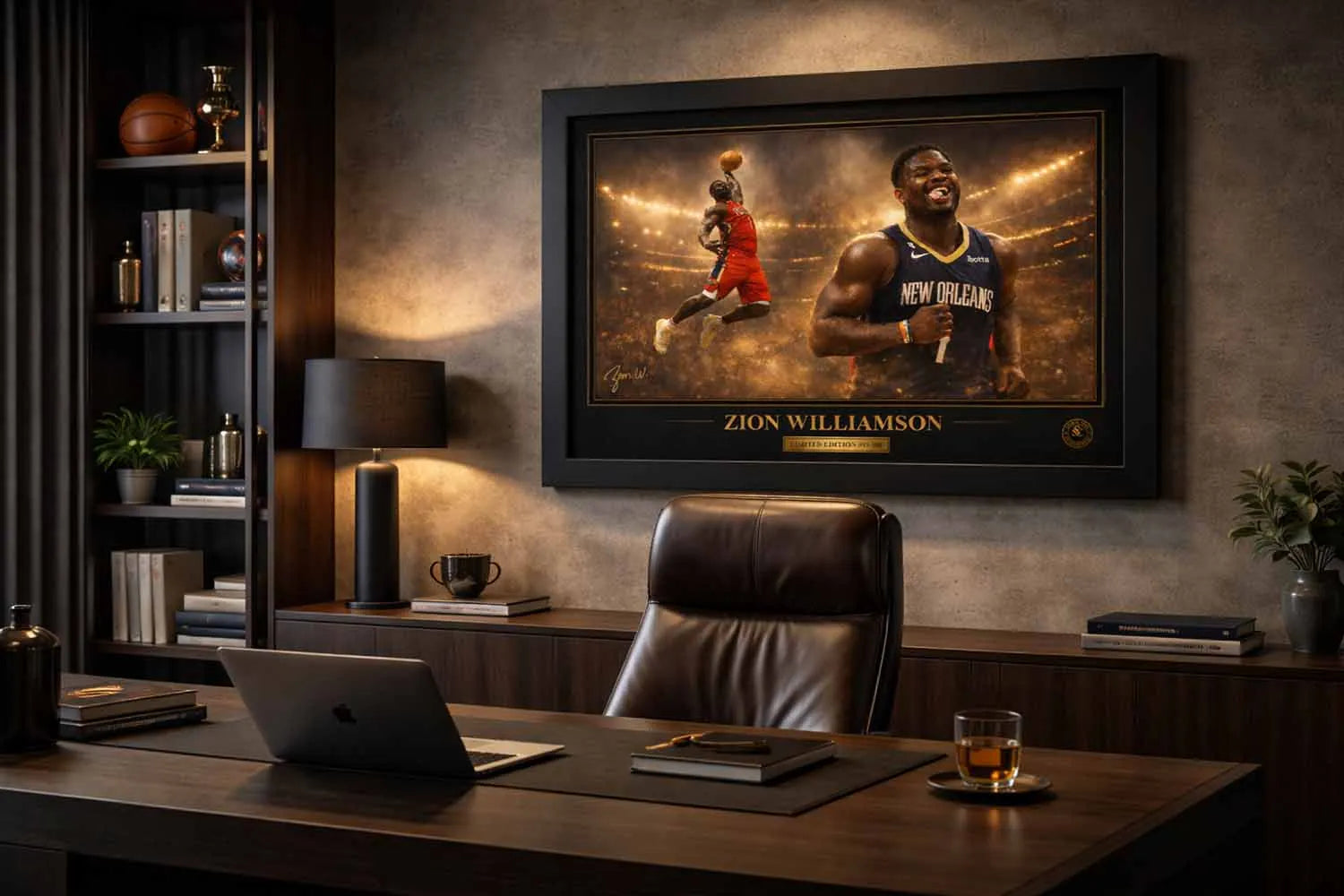 Zion Williamson nba wall art displayed in a modern office setting, premium framed sports art ideal for a collector’s workspace.