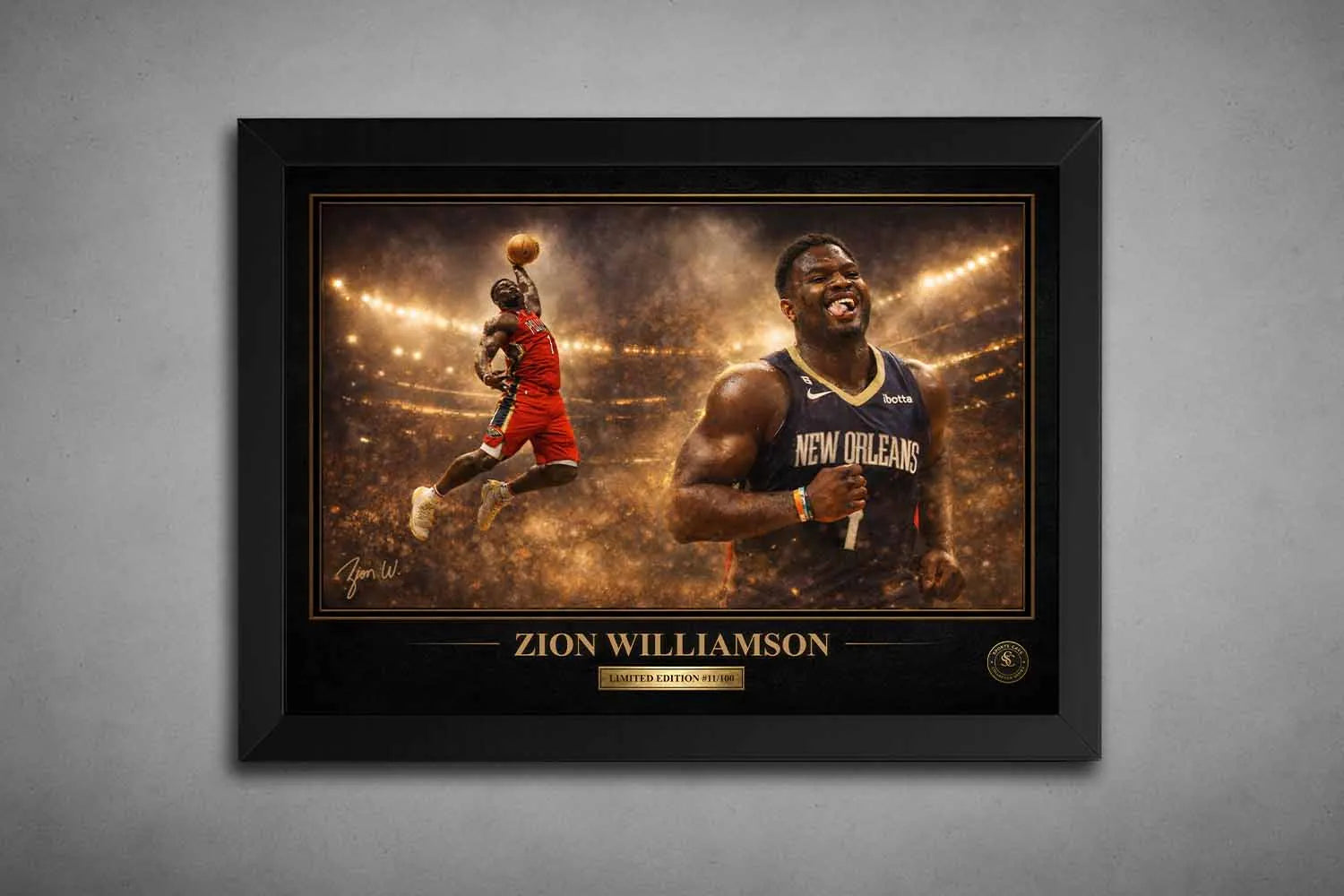 Zion Williamson framed sports wall art featuring explosive dunk and New Orleans Pelicans action in a premium black frame display.