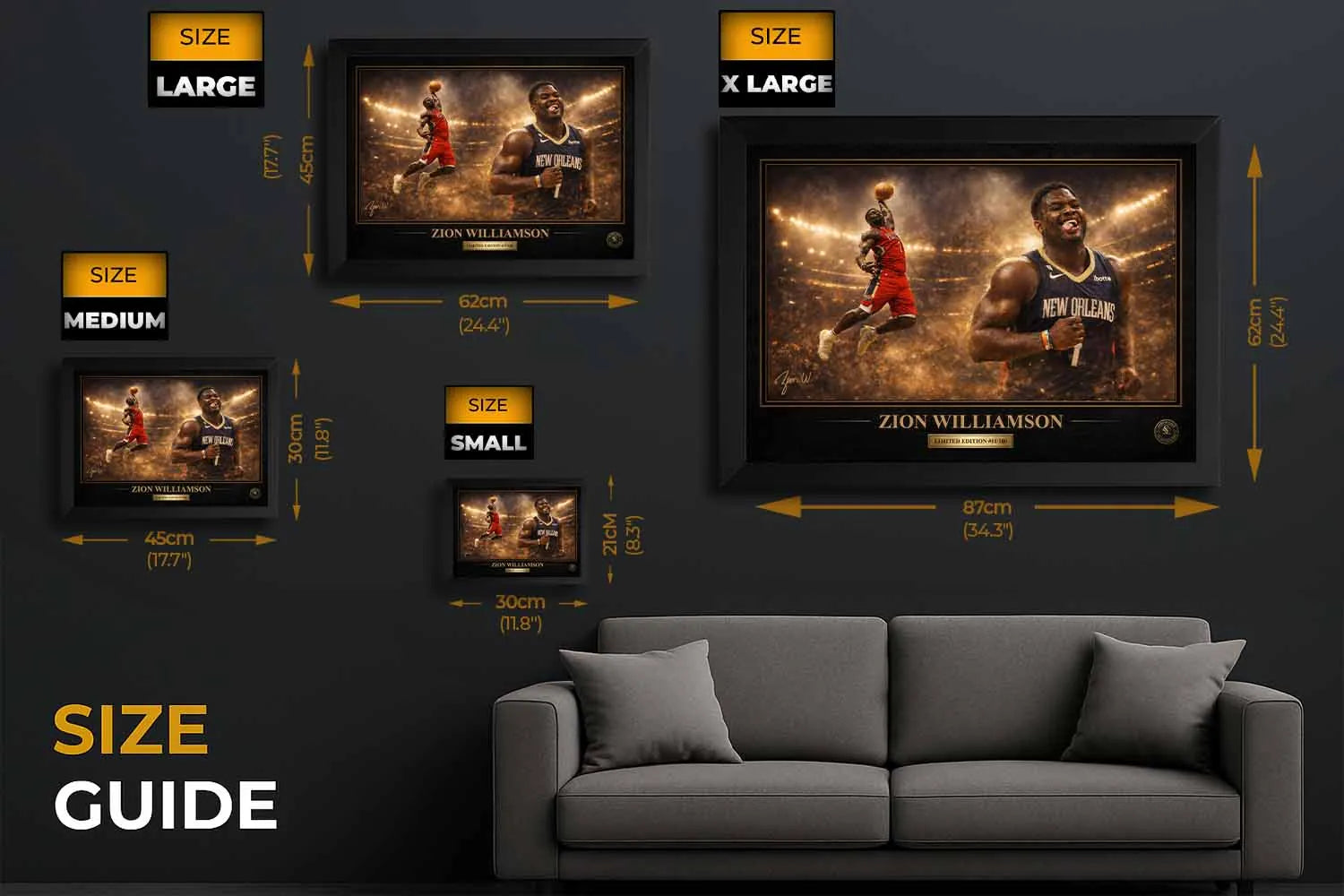 Zion Williamson framed sports art size guide showing small, medium, large and XL wall display options for premium sports collectibles.