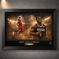 Zion Williamson NBA wall art in a premium black frame with New Orleans Pelicans artwork and gold collector details.
