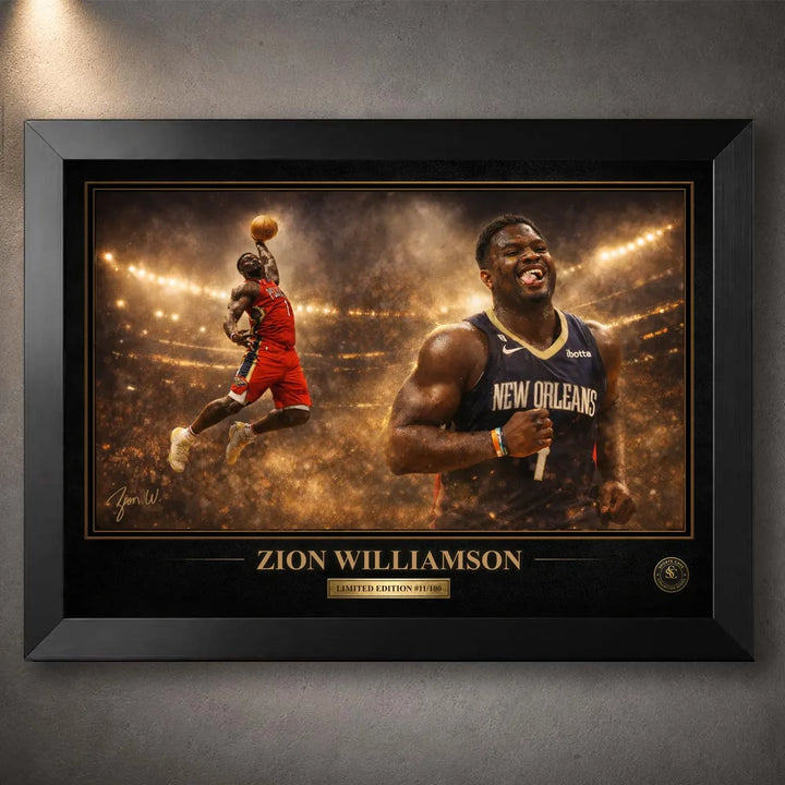 Zion Williamson NBA wall art in a premium black frame with New Orleans Pelicans artwork and gold collector details.