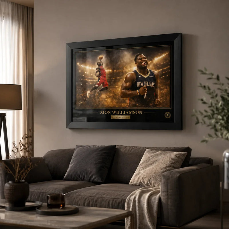 Zion Williamson NBA wall art displayed above a sofa in a warm modern living room with a black frame.