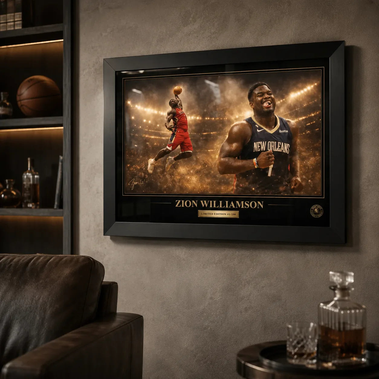 Zion Williamson framed sports art shown in a dark man cave with leather seating and collector-style shelving.