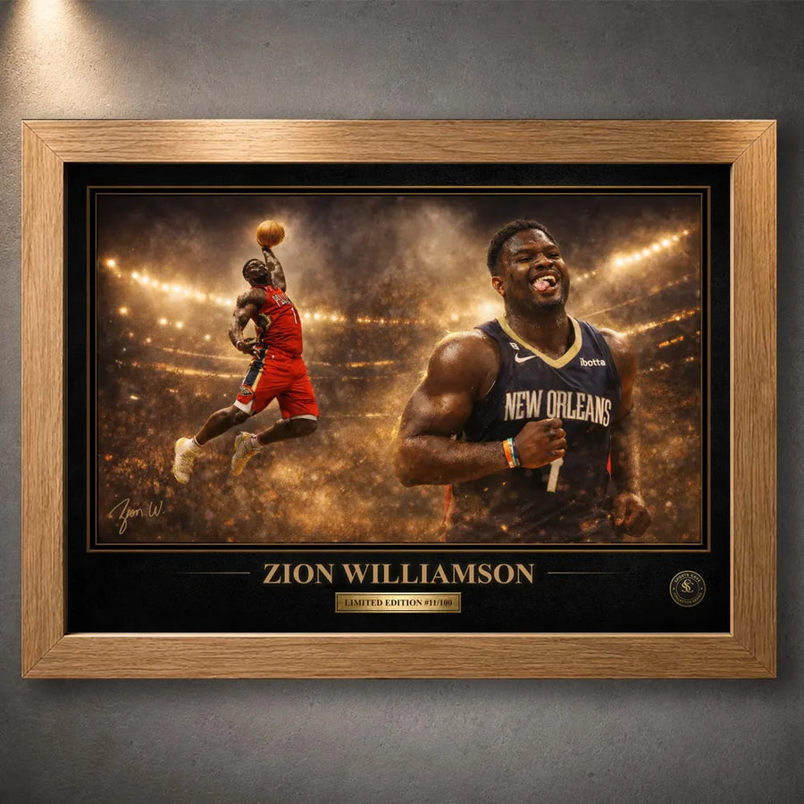 Zion Williamson NBA wall art in an oak frame with gold border details and New Orleans Pelicans action artwork.