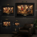 Zion Williamson framed wall art size guide showing S, M, L and XL options with metric and inch dimensions.