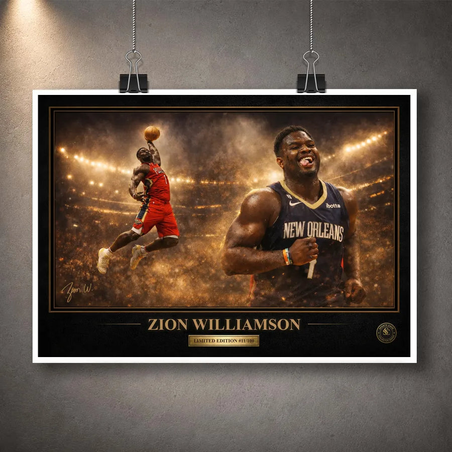 Zion Williamson unframed NBA wall art print hanging with clips, showing Pelicans artwork and collector edition detail.