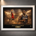 Zion Williamson NBA wall art in a white frame with gold border details and New Orleans Pelicans action artwork.