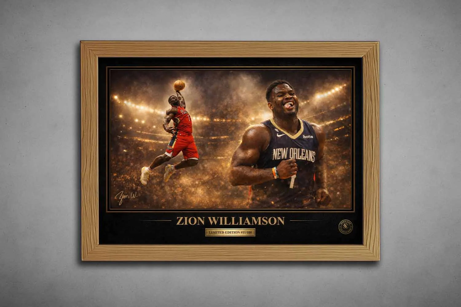 Zion Williamson framed sports memorabilia in an elegant oak frame highlighting powerful NBA action and collector-quality artwork.