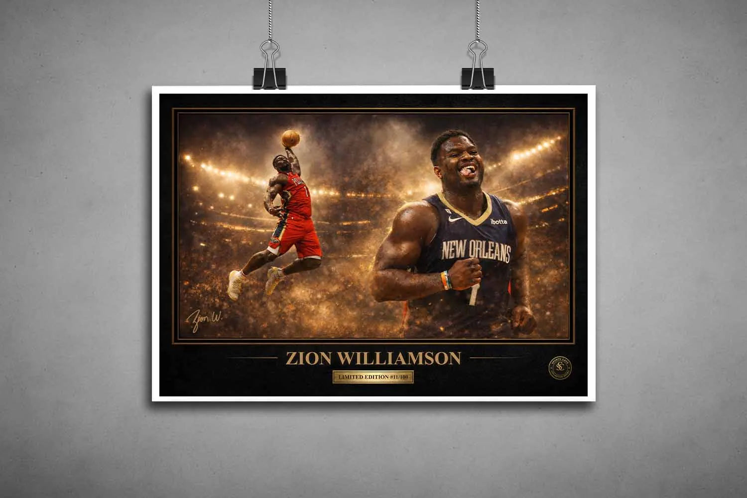 Zion Williamson limited edition sports art print shown unframed, detailed NBA action artwork perfect for custom framing.