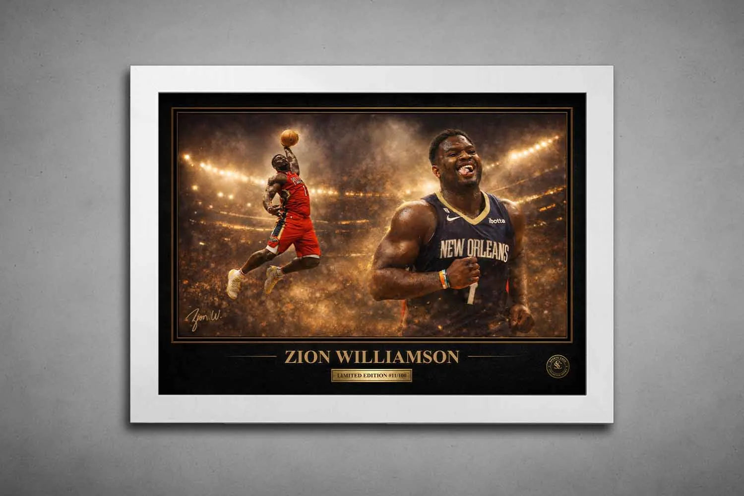 Zion Williamson sports wall art presented in a clean white frame, premium NBA artwork ideal for modern home or office display.